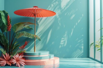 Poster - Tropical Minimalist  Summer Scene with  Red Umbrella