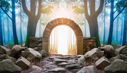 Wall Mural - Mysterious glowing portal surrounded by stones, forest path. Ancient architecture. Old magic arch.