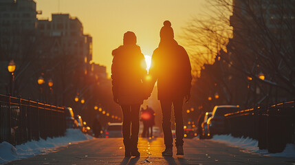 Wall Mural - A couple holding hands while walking on a city street at sunset, with the sun setting between them and casting a warm glow. The street is lined with trees and buildings