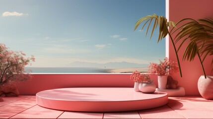 Poster - Minimalist Pink Podium Against a Sea and Mountain View