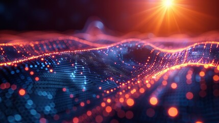 Poster -   A bright light illuminates the background of an abstract wave of blue and red lights