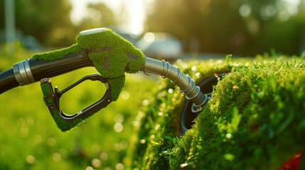 Wall Mural - A gas pump nozzle covered with green moss, symbolizing eco-friendly energy concepts.