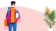 © ColorfulFlowerStudio - Young man in face mask, holding tablet, wearing backpack, standing in front of a pink wall with a plant.