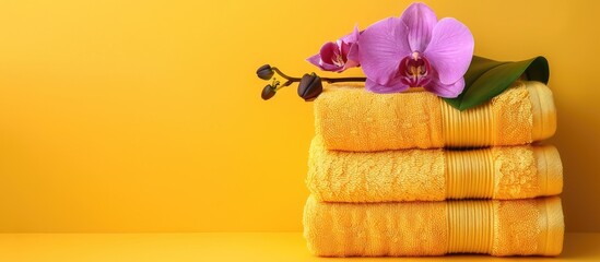 Wall Mural - Freshly laundered towels arranged neatly on a yellow background with an orchid flower for a serene touch, giving a picturesque copy space image.