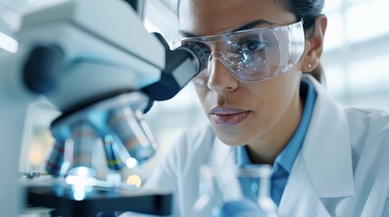 Scientist in protective eyewear examining sample under microscope in laboratory setting, concentrating on research.