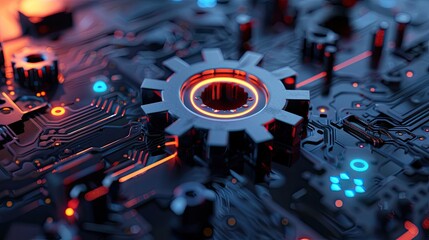 Poster - digital 3d gear icon, engineering technology. artificial intelligence in system setting optimization, automation workflows