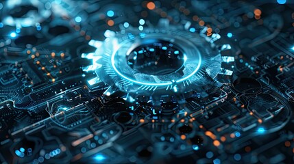 Poster - digital 3d gear icon, engineering technology. artificial intelligence in system setting optimization, automation workflows