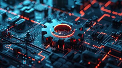 Poster - digital 3d gear icon, engineering technology. artificial intelligence in system setting optimization, automation workflows