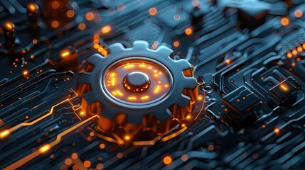 Poster - digital 3d gear icon, engineering technology. artificial intelligence in system setting optimization, automation workflows