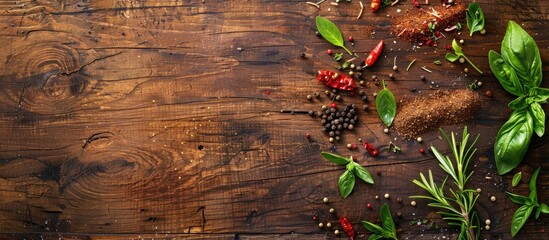 Wall Mural - Spices and herbs arranged on a wooden background in a flat lay composition with copy space image.