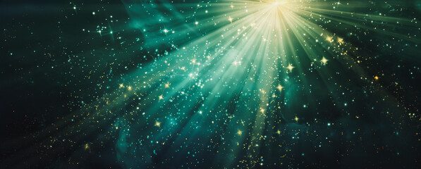 Wall Mural - abstract light rays and stars in a dark teal night sky