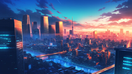 Wall Mural - Cinematic cityscape of Tokyo at dusk, showcasing the towering skyscrapers and bustling streets, anime style illustration