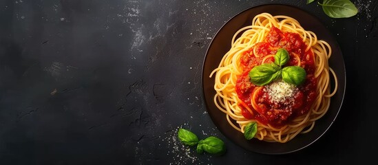 Wall Mural - Top view copy space image of spaghetti topped with tomato sauce, mince meat, Parmesan, and basil on a dark background.