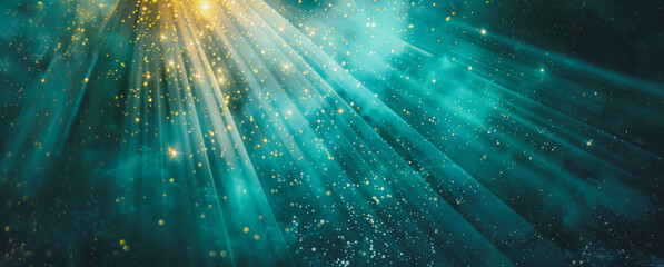 Wall Mural - abstract light rays through teal and gold sparkles
