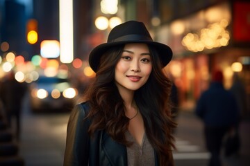 Poster - Portrait of a tender asian woman in her 20s donning a classic fedora in bustling city street background