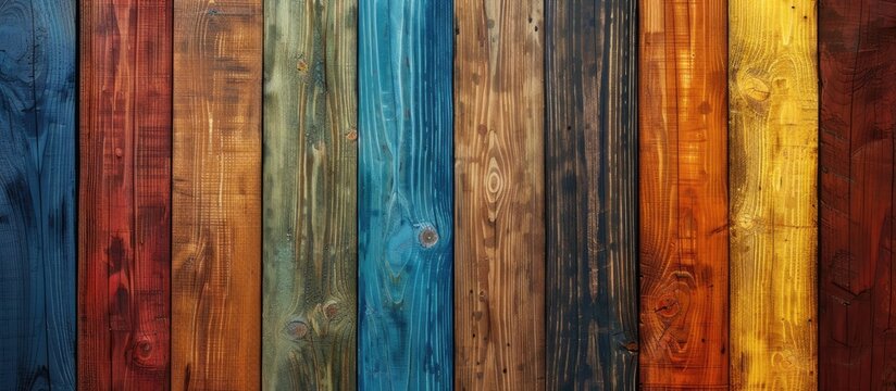 Wooden background with various painted colors providing copy space image.