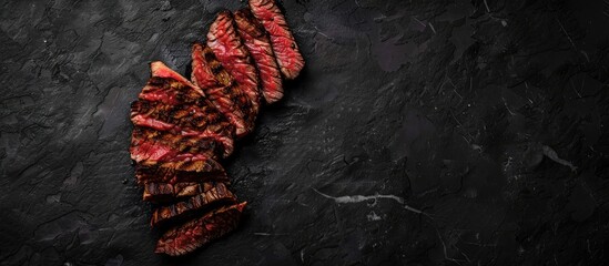 Wall Mural - Top view of rare, grilled flank steak slices on a black background with a marble beef texture, ideal for use as a copy space image.