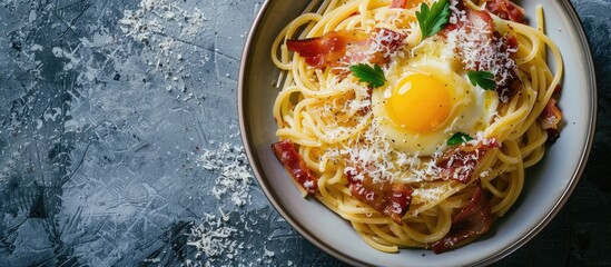 Wall Mural - Top view of a traditional spaghetti carbonara with pancetta, egg yolk, and parmesan on a concrete backdrop, featuring a copy space image.