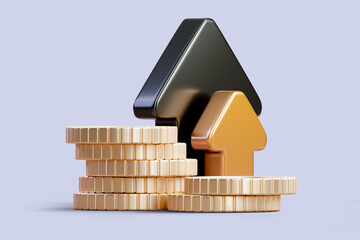 Wall Mural - money profit growth up, cash benefit, economic inflation. black and bronze arrows with coin stacks o