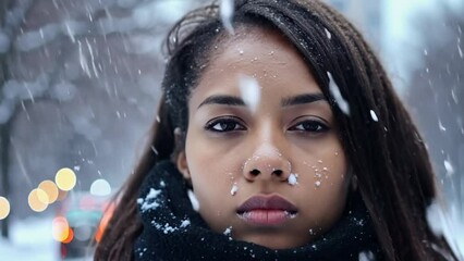 Wall Mural - Young woman serious face portrait on a city street snowing