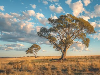 Two trees in a field with a cloudy sky in the background