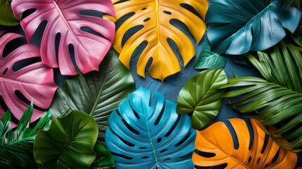 Wall Mural - Colorful Tropical Leaves Arrangement on Dark Background