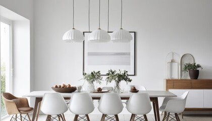 Wall Mural - dining white dining render poster close room interior mock scandinavian white room vertical poster