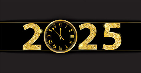 Wall Mural - Black Paper Banner Golden Clock 2025