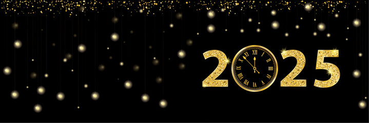 Wall Mural - Black Paper Banner Golden Clock 2025 Hanging Lights