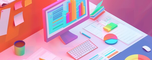Aufkleber - Colorful office desk setup with computer monitor displaying charts, keyboard, coffee cup, and office supplies in vibrant colors.