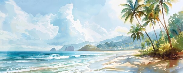 Wall Mural - Watercolor painting of a tropical beach with palm trees, blue sky, and turquoise water creating a serene and idyllic paradise