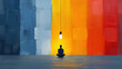 © PhotoGranary - A silhouette of a person sitting in a meditative pose under a single hanging light bulb, set against a vibrant background of blue, yellow, and red hues.
