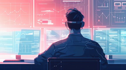 Poster - Man analyzes data on multiple screens in a futuristic office setting. Concept of technology, big data, and digital information analysis.