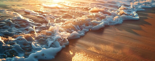 Canvas Print - Gentle ocean waves wash sandy beach at sunset, creating warm, tranquil atmosphere perfect for relaxation