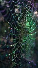 Glistening spiderweb in morning light, showcasing nature's intricate beauty with shimmering dew droplets and vibrant colors
