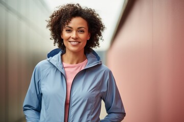 Wall Mural - Portrait of a smiling afro-american woman in her 40s wearing a functional windbreaker on pastel or soft colors background