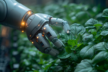 Close-up of robotic hand with illuminated sensors gently touching plant leaves in controlled environment showcasing the intersection of robotics and agriculture in enhancing plant care