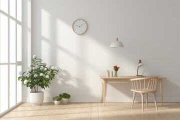 Wall Mural - Minimalist home office with a white wall, desk and chair, lamp, clock, flowers in pots, and a pendant light