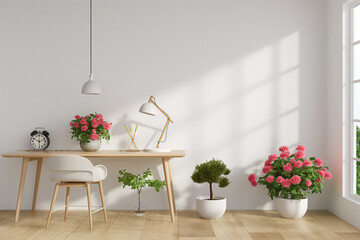 Wall Mural - Minimalist home office with a white wall, desk and chair, lamp, clock, flowers in pots, and a pendant light