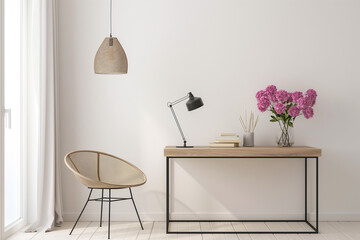 Wall Mural - Minimalist home office with a white wall, desk and chair, lamp, clock, flowers in pots, and a pendant light