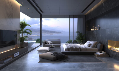 Wall Mural - Modern penthouse bedroom with fireplace, large windows overlooking the sea and city center, TV on wall