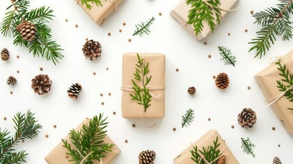 Canvas Print - Christmas themed flat lay with gifts pine cones gypsophila and thuja on white background