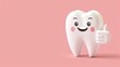 © K-MookPan - Smiling cartoon tooth giving thumbs up on pink background.