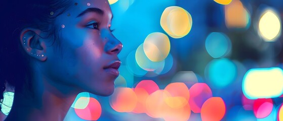 Canvas Print - Woman in Blue and Yellow Lights.