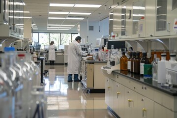 Poster - Research scientists conduct experiments in a stateoftheart laboratory using cuttingedge scientific equipment AIG59