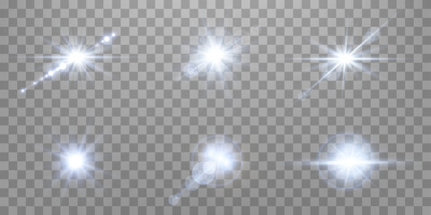 Wall Mural - Blue lens flares set. Isolated on transparent background. Sun flash with rays or gold spotlight and bokeh. Blue glow flare light effect. Vector illustration.