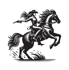 Poster - Beautiful young cowgirl woman ride horse with gun. Vintage engraving vector illustration, isolated object	