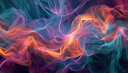 Wall Mural - Mesmerizing flow of vibrant abstract smoke in shades of blue, pink, orange, and purple on a dark backdrop. AIG62