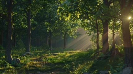 Wall Mural - Sunbeams Illuminating a Forest Path