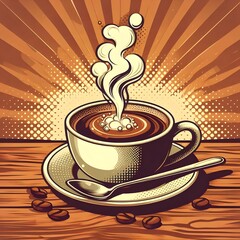 Steaming cup of coffee with spoon (brown theme)